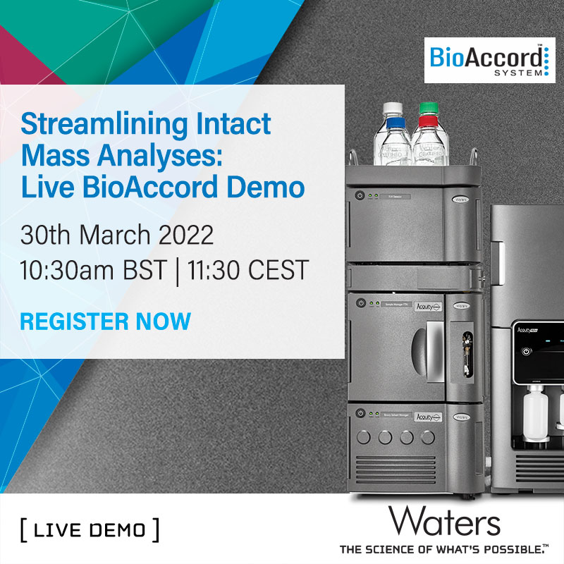 WatersCorp's tweet image. [LIVE DEMO] On Wednesday March 30th, we will be live from our demo lab in Wilmslow, UK, where the latest BioAccord developments, including a preview of the new INTACT Mass app, will be demonstrated. Register now: bit.ly/3i6sE0X 

#biopharmacetical #SmartMS