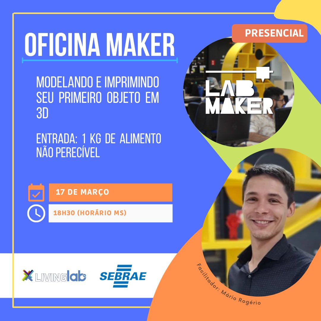 LivingLabMS's tweet photo. O Evento abordará noções básicas de modelagem e impressão de um objeto 3D, usando a metodologia mão na massa. Para isso os participantes da oficina irão desenhar uma peça simples em software de modelagem 3D
Link de inscrição copiando o texto abaixo:
https://t.co/1W3CFXJhT6 https://t.co/xAkEekeqHF