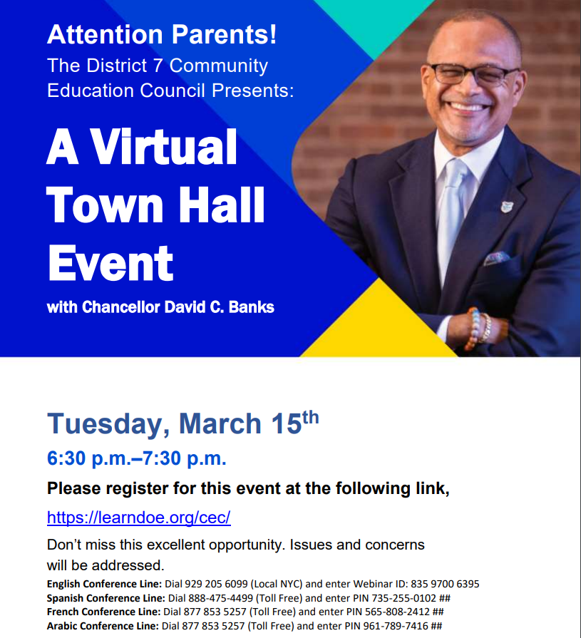 Csd7Bx's tweet photo. Join District 7 and CEC 7 as we welcome NYC Schools Chancellor David Banks. Town Hall - March 15th from 6:30pm to 7:30pm. Register using this link: https://t.co/6vk4j2dhMk. We look forward to seeing you all! @NYCSchools @DOEChancellor @BxSuptTobia @BelieveintheBx https://t.co/mJ5Isy2fqM