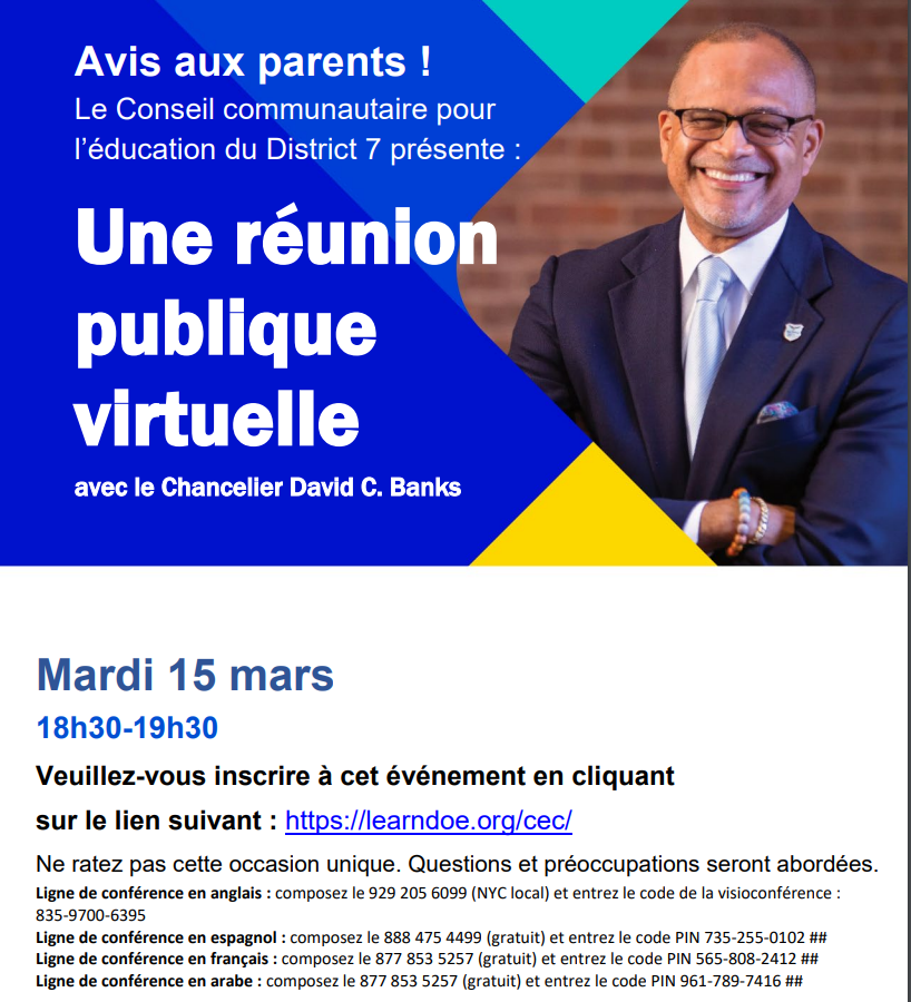 Csd7Bx's tweet photo. Join District 7 and CEC 7 as we welcome NYC Schools Chancellor David Banks. Town Hall - March 15th from 6:30pm to 7:30pm. Register using this link: https://t.co/6vk4j2dhMk. We look forward to seeing you all! @NYCSchools @DOEChancellor @BxSuptTobia @BelieveintheBx https://t.co/mJ5Isy2fqM
