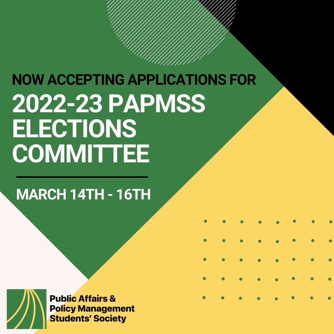 Now accepting applications for the 2022-23 PAPMSS Elections Committee from today until March 16th! It's open to all years and even provides members a credit on your CCR! 

Apply through the link in our bio and direct any questions to our CEO arriannabowman@cmail.carleton.ca