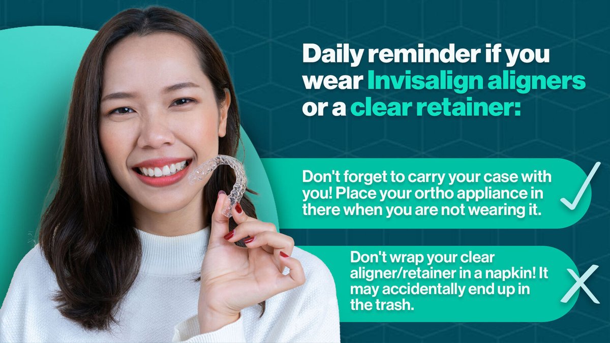 drmannysousa's tweet image. Daily reminder if you wear Invisalign aligners or a clear retainer:
✔️Don't forget to carry your case with you! 
❌Don't wrap your clear aligner/retainer in a napkin! It may end accidentally end up in the trash.

#orthotips #clearaligners #clearretainers