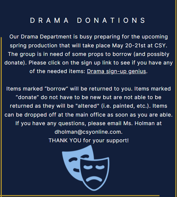 Interested in helping support and supply our drama department? Click here to see how you can donate and help today! ow.ly/Ti4m50IcTTU