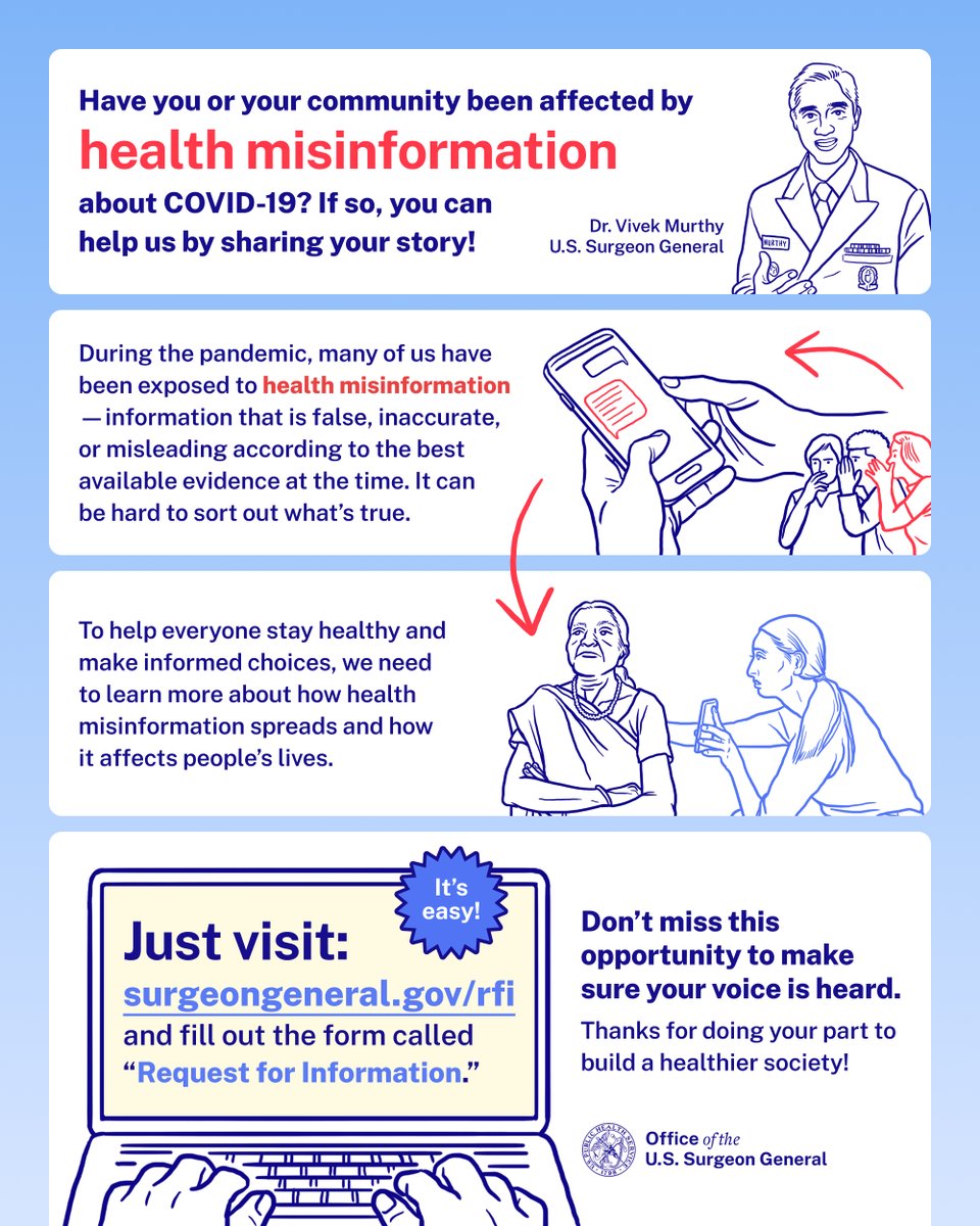#COVID19 #HealthMisinformation can appear online and in our convos with friends, among other places. You can help us understand the impact of health misinformation by sharing your story. 

Please help us create a call for truth and transparency today: surgeongeneral.gov/rfi