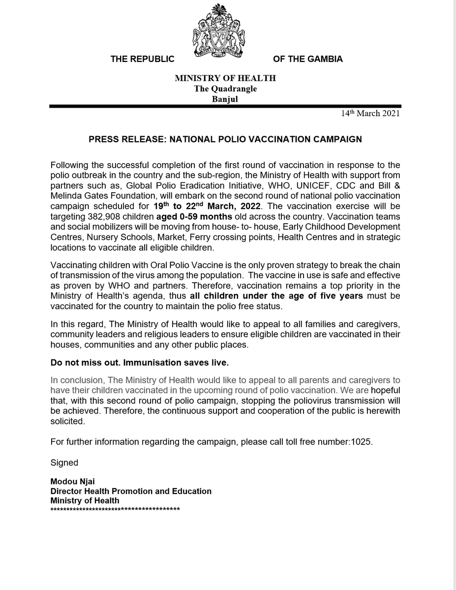 MohGambia's tweet image. #PRESSRELEASE 👇
NATIONAL #POLIO #VACCINATION CAMPAIGN