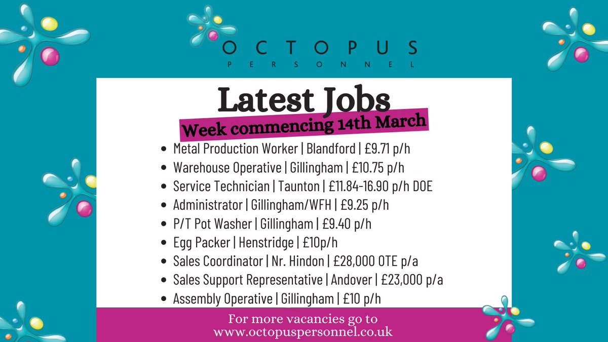OctopusPersonne's tweet image. Hope everyone had a good weekend. 🌈 
There's been lots of jobs added to the website recently. You can find our full listing of #octopusjobs here 👉 ow.ly/26gJ50Gxg6a. 

#GoOctopus #findajob #job #gillinghamdorset #dorsetjobs #somersetjobs #wiltshirejobs