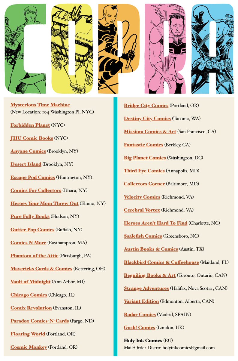 MichelFiffe's tweet photo. COPRA LCS MEGA LIST! 

Lots of new shops have started carrying the new single issues, so here's an updated roll call starting with the home state of Copra Press. https://t.co/QlAc991Tyh