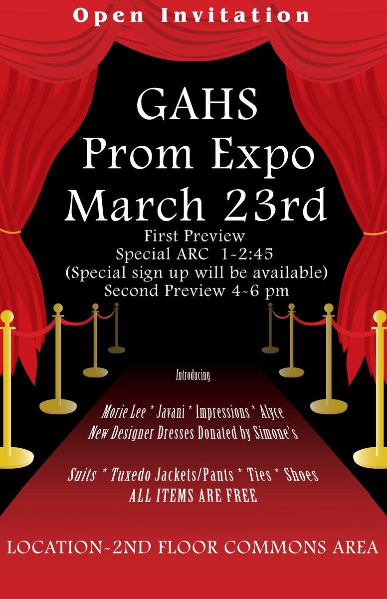 Join us for the GAHS Prom Expo on 3/23! We have a ton of FREE dresses, suits, jackets, pants, shoes, etc. Don't spend any money w/o checking out this awesome event first 👗👔

#GASDisGreat #WarriorWay #GASDisAGreatPlacetoLearn #AlwaysLearning #SuccessStartsHere #PromExpo #BeHere