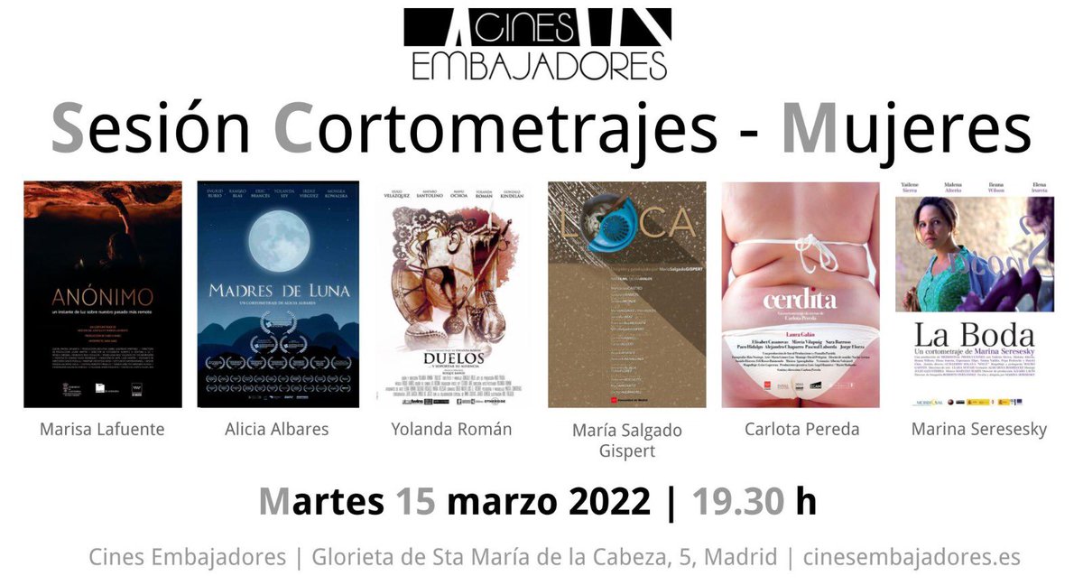 Mañana se proyecta DUELOS en los Cines Embajadores de Madrid a las 19:30 junto a trabajazos de otras directoras como <a href="/AliciaAlbares/">Alicia Albares</a>, @Carlota_Pereda, María Salgado o <a href="/marinaseresesky/">marina seresesky</a>, con posterior coloquio. Allí os esperamos! Para comprar las entradas: cinesembajadores.es/pelicula/sesio…