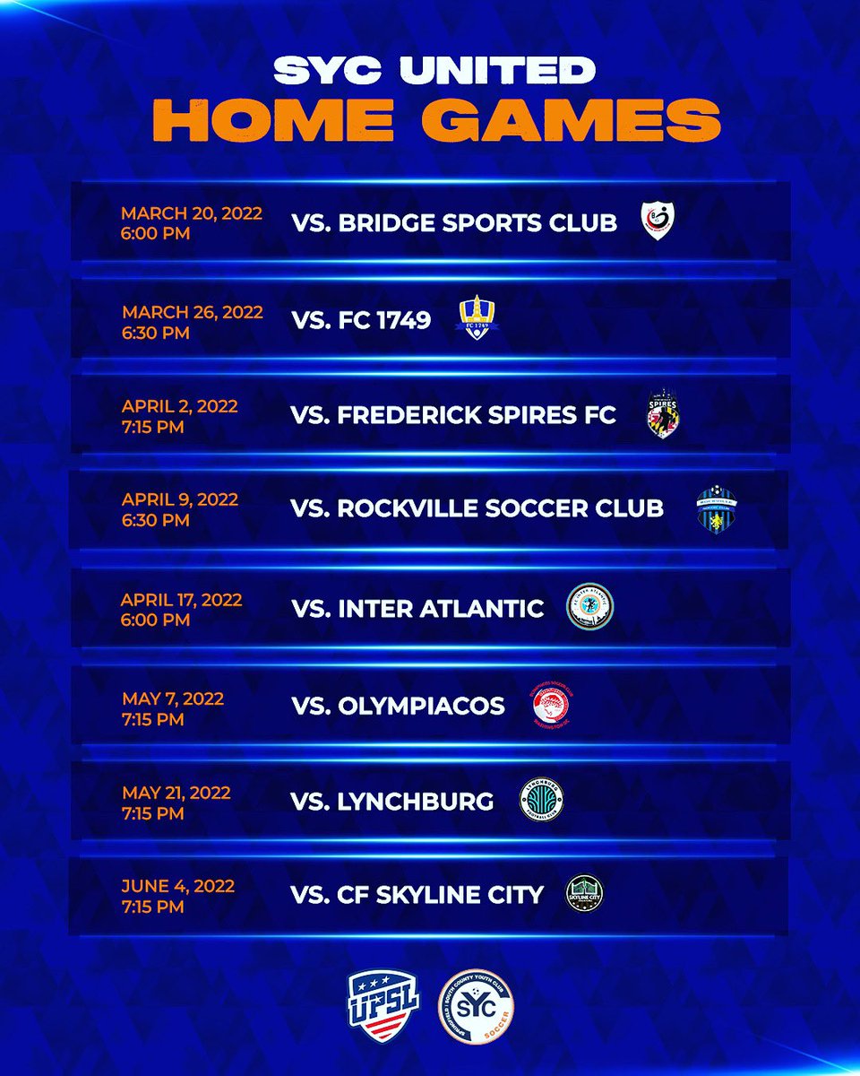 UPSL SYC UNITED HOME SCHEDULE! All games at West SpringField High School.6100 Rolling Rd West Springfield VA 22152. Every night is a family night, come support and enjoy local vendors each home game, $3 fee! Lets go SYC UNITED! <a href="/coachjonah3/">coachjonah</a> <a href="/SYCSoccer/">SYC Soccer - Springfield</a> @UPSL_Northeast <a href="/UPSLsoccer/">UPSL</a>