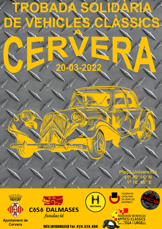 Trobada Solidària de Vehicles Clàssics a Cervera! 

Aquest diumenge tindrà lloc la trobada Solidària de vehicles d'època, on la visita a la Fundació Casa Dalmases i els avions d'origen militar de Sant Pere dels Arquells seran els atractius principals <a href="/paeriacervera/">Paeria de Cervera</a> <a href="/CasaDalmases/">Casa Dalmases</a>