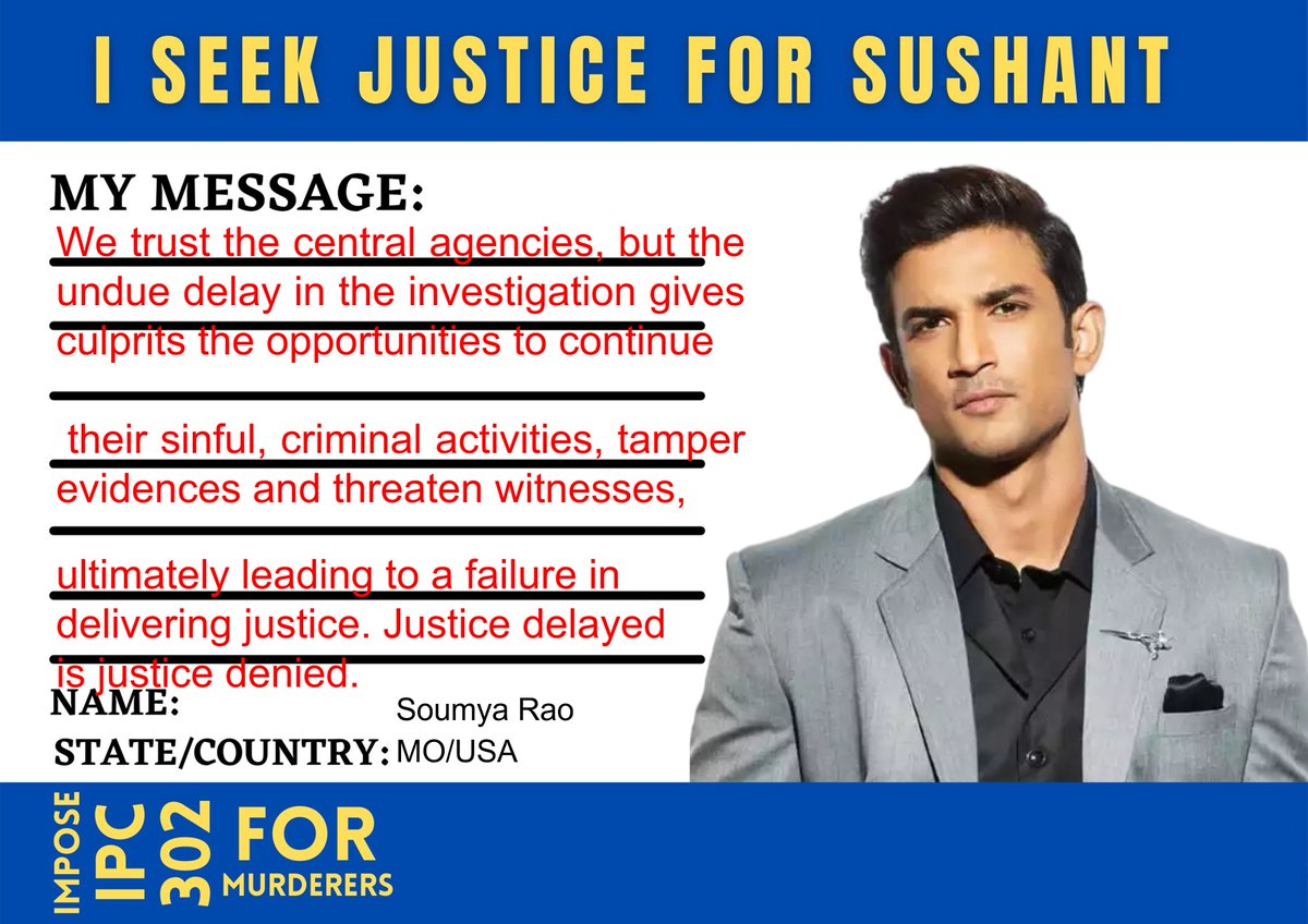 SoumyaRao52's tweet photo. We won't stop until justice is served.
#SushantSeeksJustice 
Sushant A Phenomenon
@withoutthemind @divinemitz @shwetasinghkirt @Phoenix21Photon @RockstarSSR98 @ShaliniG21 @DreamMakeItReal @imrudrabha @makerz_king @aayushlr @NYTraveler2 @PhogatFilms https://t.co/t2jdbptQd0