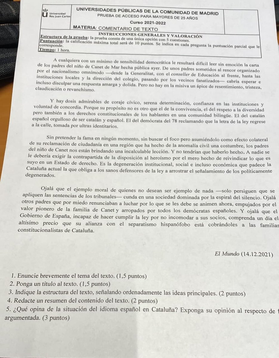 llenguacat's tweet photo. ⚔️L’atac contra l’escola en català arriba als exàmens d’accés a la universitat.

🤦‍♀️Mireu quin article han hagut de comentar uns candidats a Madrid.

🤥Massa fal·làcies per poder fer la prova en una hora, però nosaltres hem tingut accés a la resposta correcta: "El catalán es caca" https://t.co/LmM7pta60I