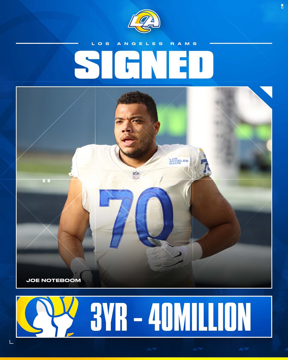 RambLAngMan's tweet photo. The Rams are keeping OT Joe Noteboom on a three-year deal with a base value of $40M that includes $25M guaranteed
Max value: $47.5 million.

Source: @RapSheet 
Congrats @jnoteboom70 It’s your turn big fella! https://t.co/zGW1SJe4r5