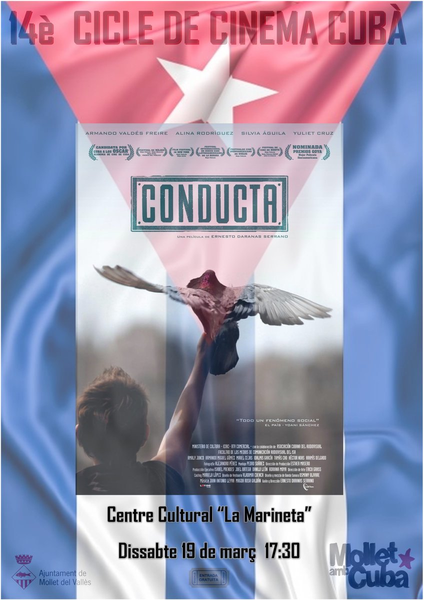 molletambcuba's tweet photo. Us convidem a veure la pel·lícula "Conducta" del director Ernesto Daranas.  Com adhesió al 8 de març ens acompanyarà la periodista i professora de la Universitat de la Habana Dixie Edith Trinquete, que ens parlarà sobre Bloqueig i dona a Cuba. ,@Consulcuba_BCN, @DefensemCuba https://t.co/79XUNvrqdO