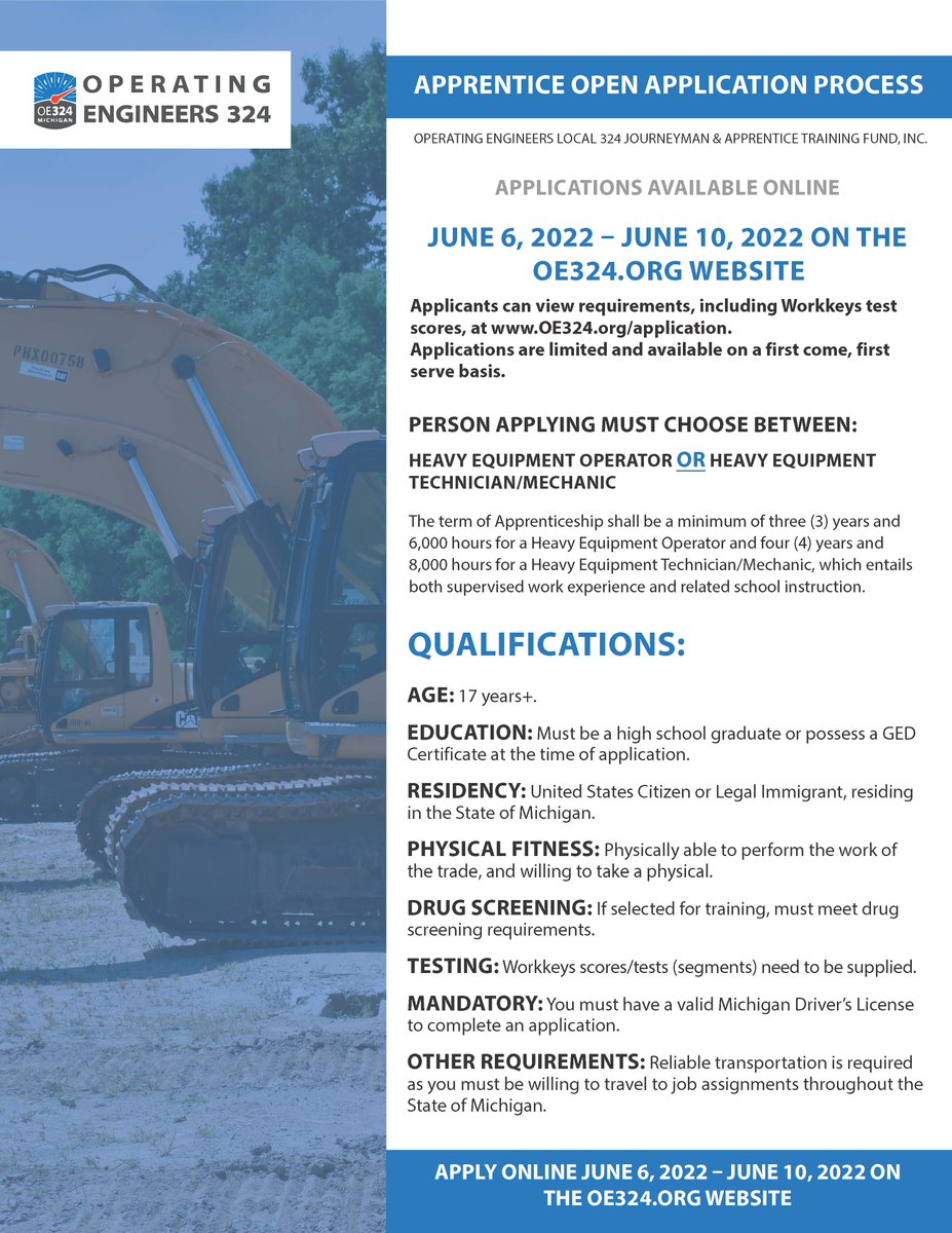OE_324's tweet photo. Operating Engineers 324 will be accepting applications for Heavy Equipment Operator and Technician Apprentices online beginning June 6th, 2022! Visit https://t.co/eC4mzRJHec for requirements and for more details! #OE324 https://t.co/NEFeNeuF5n
