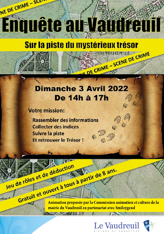 Réveillez l'inspecteur qui est en vous…🕵️
🧐 C'est le moment de montrer vos talents lors de la fameuse Enquête du Vaudreuil !

📆 Rendez-vous le dimanche 3 avril de 14h à 17h, à la mairie du Vaudreuil

Animation gratuite et ouverte au plus de 8 ans !

#LeVaudreuil #Enquete