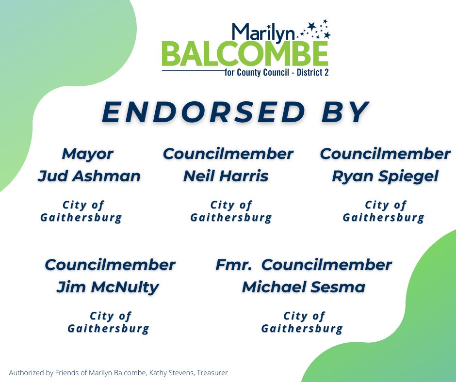 🚨ENDORSEMENT ALERT 🚨 I work closely with the City of Gaithersburg, and I’m honored to have these leaders on #TeamBalcombe: ▫️Mayor @judashman ▫️Councilmember @NeilHarrisSays ▫️Councilmember @RySpiegel ▫️Councilmember @jimmcnulty ▫️Fmr. Councilmember @MichaelSesma