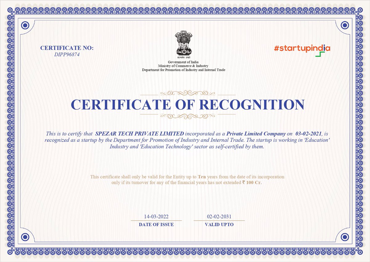 spezartech's tweet photo. We, Spezar Tech Pvt. Ltd. are honoured and glad to announce that our company has received Startup India DPIIT Recognition.

We are delighted to add such a merit to our company's name. We thank the entire team who are a part of this incredible journey towards the top. https://t.co/GPDg8yofEJ
