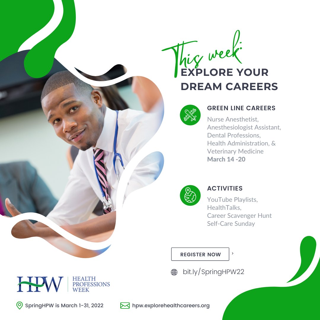 healthprofweek's tweet photo. WHO are YOU Exploring? #ExploreCareersConfidently at #SpringHPW! Register to join us this week at https://t.co/LCFYr3tSsF. Free games, webinars, HealthTalks, YouTube Vidoes and #LessonPlans for Educators. https://t.co/ZP9gIAFHUI