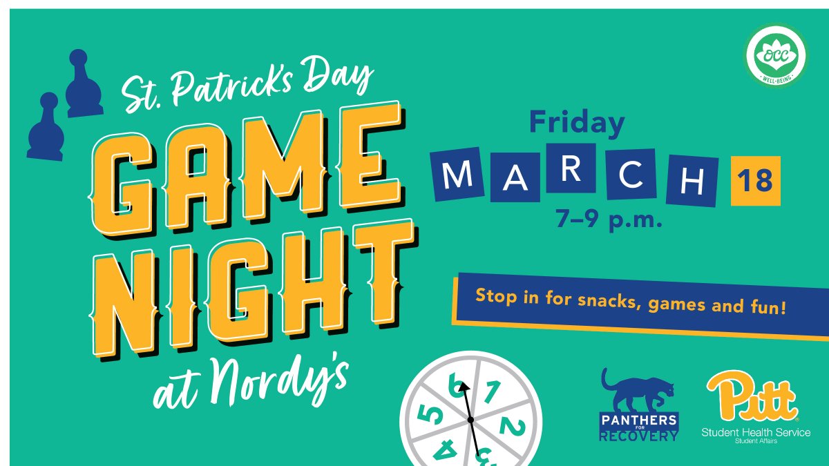 Join @PittHealthyU  for an evening of games and snacks! This event is sponsored by Student Health Service Collegiate Recovery Program. 
⏲️ 3/18 7pm-9pm
📍Nordy's Place - William Pitt Union