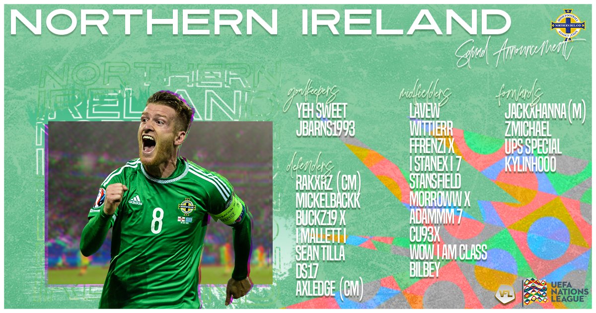 NI Squad for <a href="/TheVFL_/">VFL</a> Nations League.

Very small pool, but very pleased w the result.

🎨 - <a href="/kizmarlo/">kizmarlo</a>