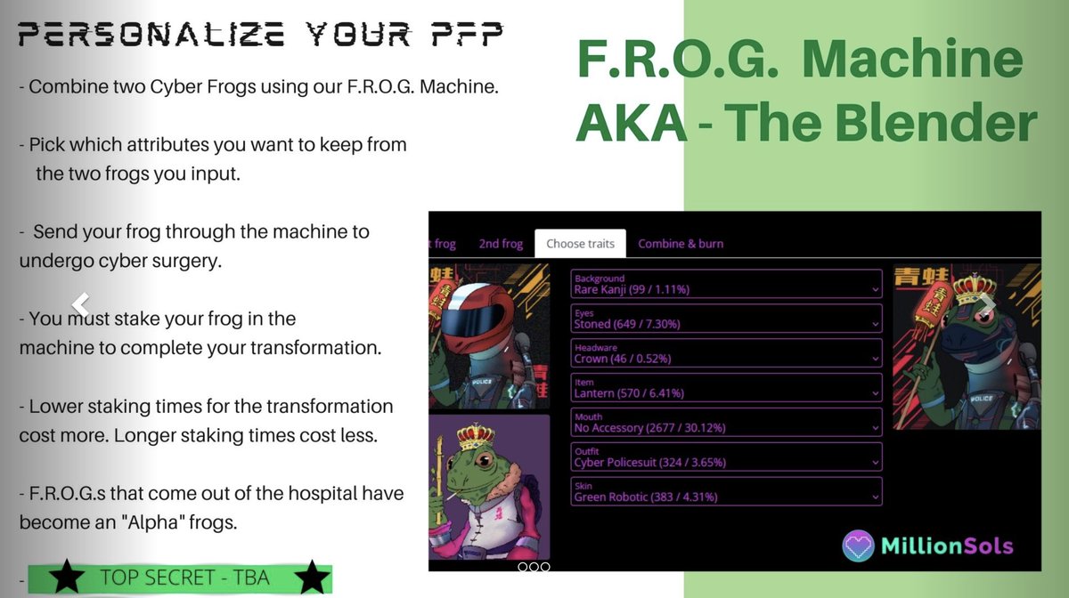 CyberFrogsNFT's tweet photo. Some things are just better together - Peanut Butter and Jelly, Bacon and Eggs, Tinder and Low Standards.

And so are your Cyber Frogs. Use the F.R.O.G Machine to blend two Cyber Frogs into one ALPHA FROG.

#NFT #Solana #SolanaNFT #blockchain #alphafrog https://t.co/YYrPLqF4Nd