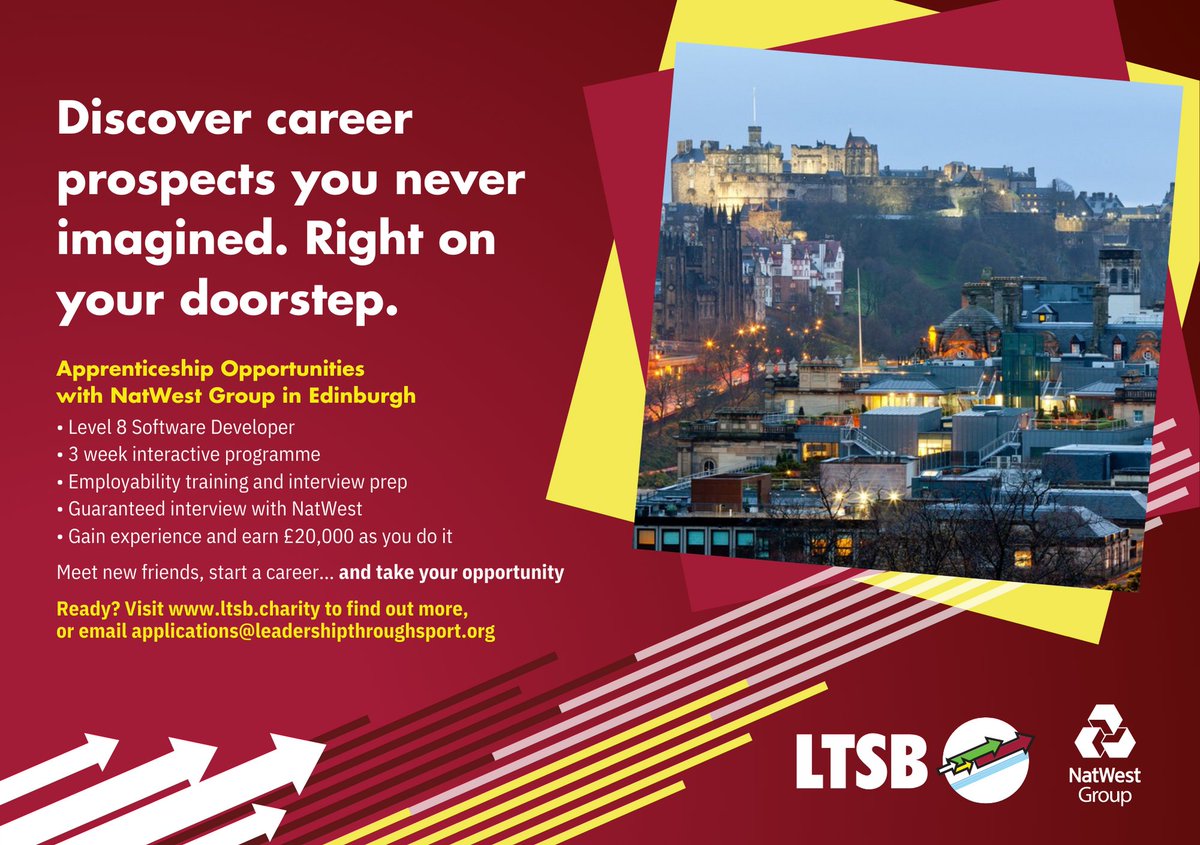 edinguarantee's tweet photo. Royal Bank of Scotland, in association with Leadership Through Sport and Business, is recruiting Software Developer Modern Apprentices @NatWestGroup @LtsbCharity https://t.co/E4IogN5cvL https://t.co/PIIacN8cUy