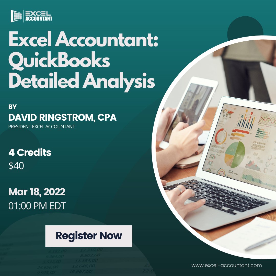 excel_account's tweet image. &quot;QuickBooks Detailed Analysis&quot;, this 2 CPE webinar by @excelwriter will come live on Mar 18.

Book your seat: bit.ly/3ET1KTU

#quickbooks #quickbooktips #quickbookstraining #excelworkbook #pivottables