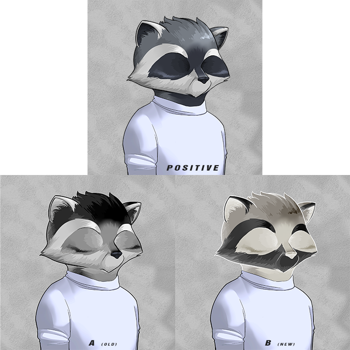 SSRaccoons's tweet photo. We have a debate going on, the top is the most common fur (Grey), while the bottom represent the old and "new" version of "Negative" fur.  Which do you think captures the concept? #SSRaccoons https://t.co/zPyws9MyYL