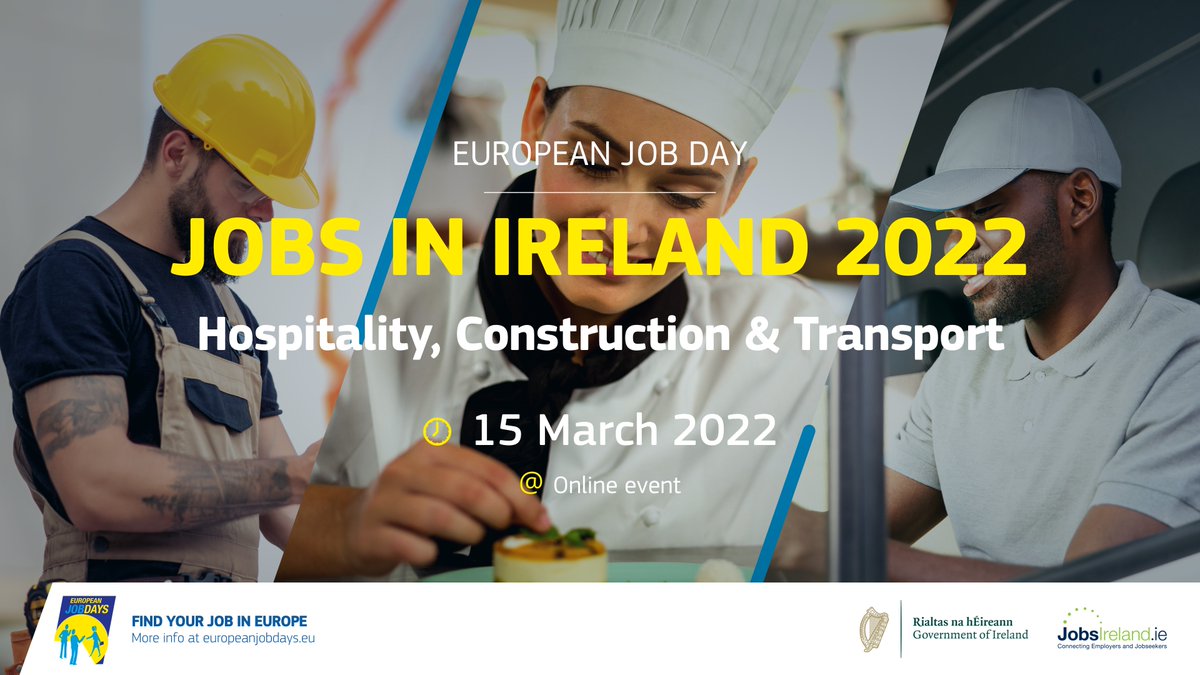 EURESIreland's tweet photo. Join our  #JobsInIreland 2022 event tomorrow, 15th March (10am - 2pm GMT)/ 11am- 3pm (CET) to find out about job opportunities in #hospitality, #construction, #transport. Join the live event, watch presentations and chat to employers 👉https://t.co/oL23wRVdiu @jobsireland https://t.co/nmRUxKhrYC