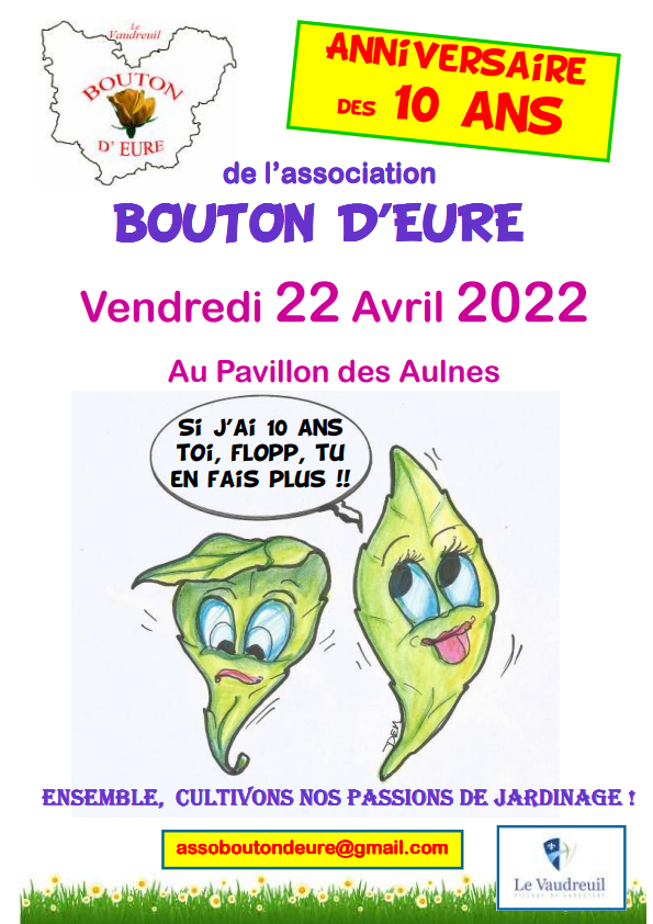 C'est déjà les 10 ans de l'association Bouton d'Eure !🌼

🎉 Pour les fêter, l'association a prévu une multitudes d'activités (diaporamas, jeux, surprises, …) !

📆 Vendredi 22 avril
🕥 10h30 à 20h
📍 Pavillon des Aulnes

L'entrée est gratuite

#LeVaudreuil #Boutondeure