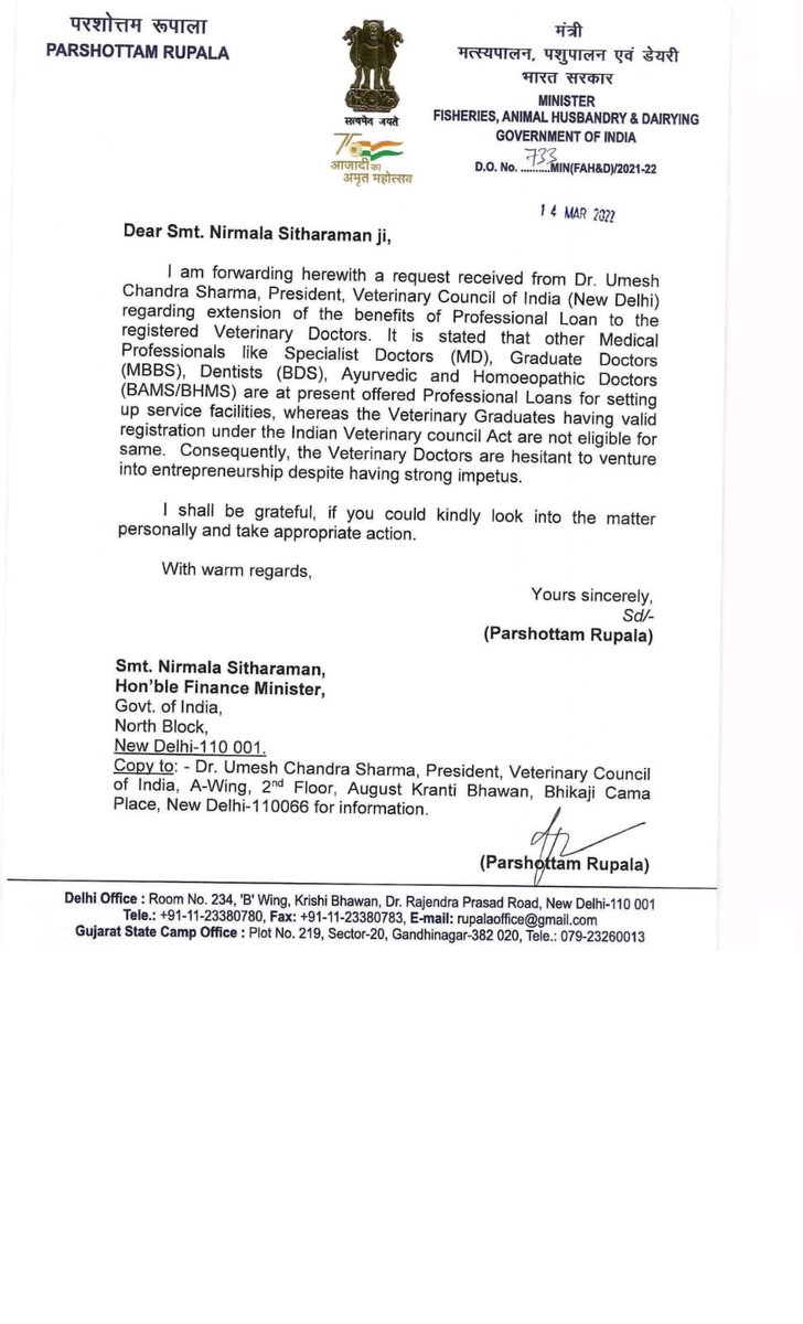 presidentVCI's tweet photo. Greatful and indebt to Hon'ble Minister Sh. Parshottam Rupala ji promptly requesting Hon'ble Finance Minister Smt. Nirmala  Sitharaman ji to extend Doctors loan to Veterinary Doctors also. Veterinary profession is greatful for your timely positive intervention.⁦@PRupala⁩ https://t.co/nvvMEKQitG