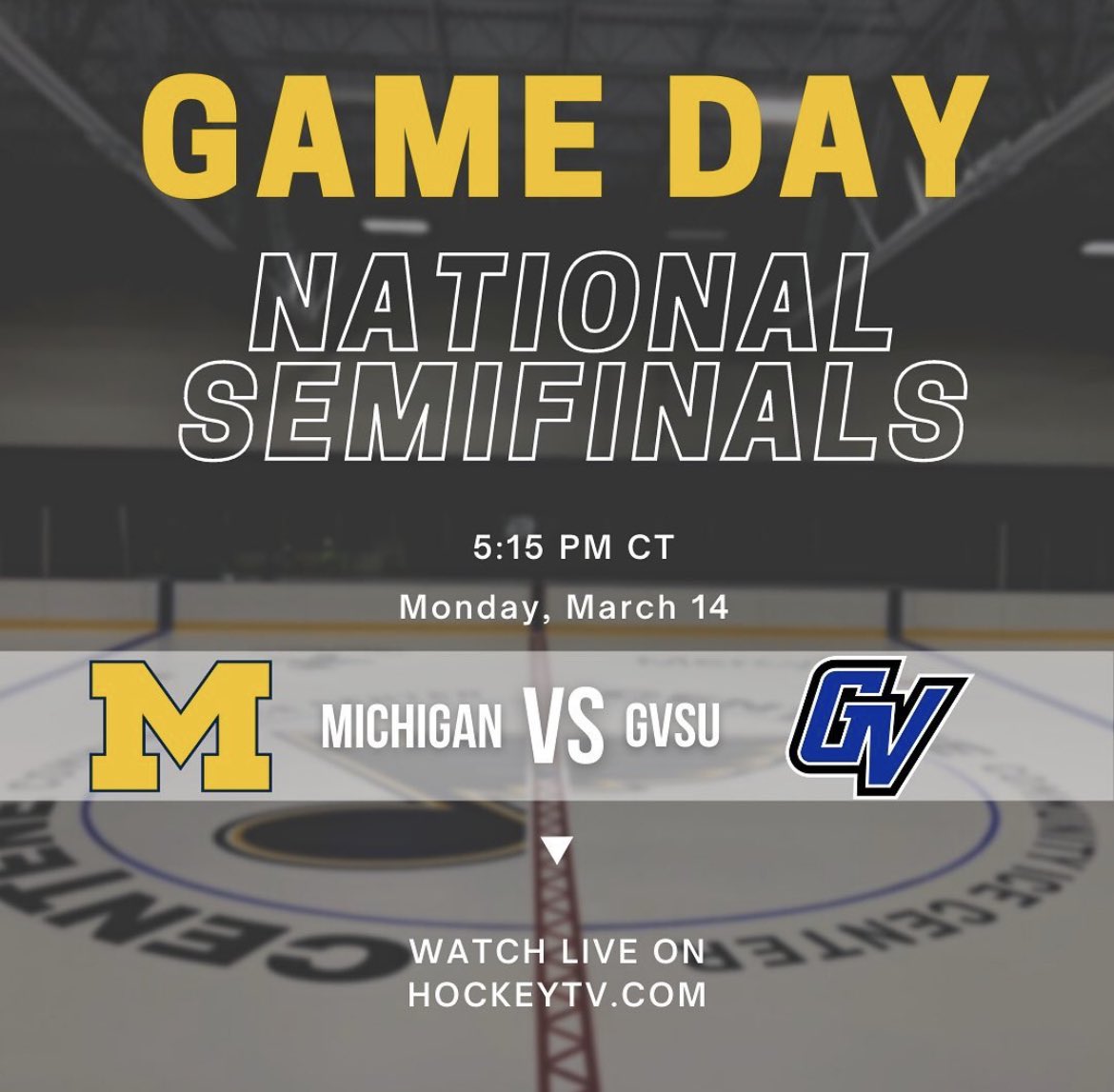 D3ClubHockeyUM's tweet photo. A 2019 semifinal rematch is set for today. Michigan plays Grand Valley in the second semifinal game on the 2022 National Tournament. 
Win or go home!

Let’s go Blue!!!!! https://t.co/TY8vu5hdf0