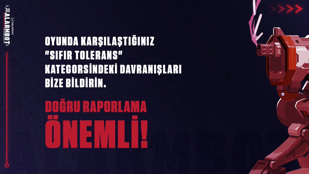 VALORANTtr's tweet photo. Topluluk içinde yaşanan olumsuz davranışları engellemek adına hayata geçirdiğimiz #AlarmBot şimdiye kadar oldukça iyi işler çıkardı.
Ancak burada sizlere de önemli bir görev düşüyor. Sistemin düzgün şekilde işleyebilmesi için, atılması gereken adımlara göz atın. https://t.co/pBh1wE5wLO