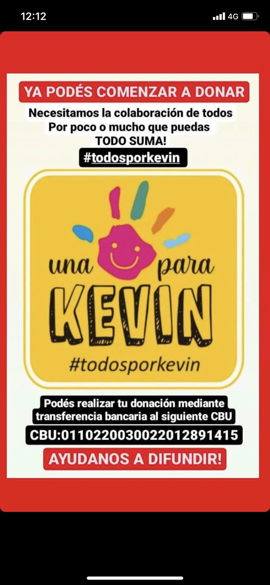 bertolinomilena's tweet photo. ES URGENTE, KEVIN NOS NECESITA YA. NO HAY TIEMPO. POR FAVOR COMPARTIR. 

ASÍ PODEMOS AYUDAR A #KEVIN 

LA CUENTA ESTARÁ HABILITADA ESTE MARTES 15 DE MARZO
CBU: 0110220030022012891415
BANCO NACION
DENOMINACIÓN: CAMPA#A TODOS POR KEVIN
NÚMERO DE CUENTA: 2201289141 https://t.co/6Gm8Dr5K9N