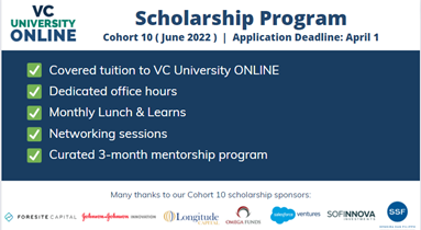 VCForward's tweet photo. The #VCUniversity Scholarship Application has opened!
 
Aspiring #VC investor from an underrepresented background?
 
Cohort 10 of VC University ONLINE begins June 2022. Learn more + apply for a scholarship by Friday, April 1:
https://t.co/Jb29ywDGKV https://t.co/iv40OAN0tw