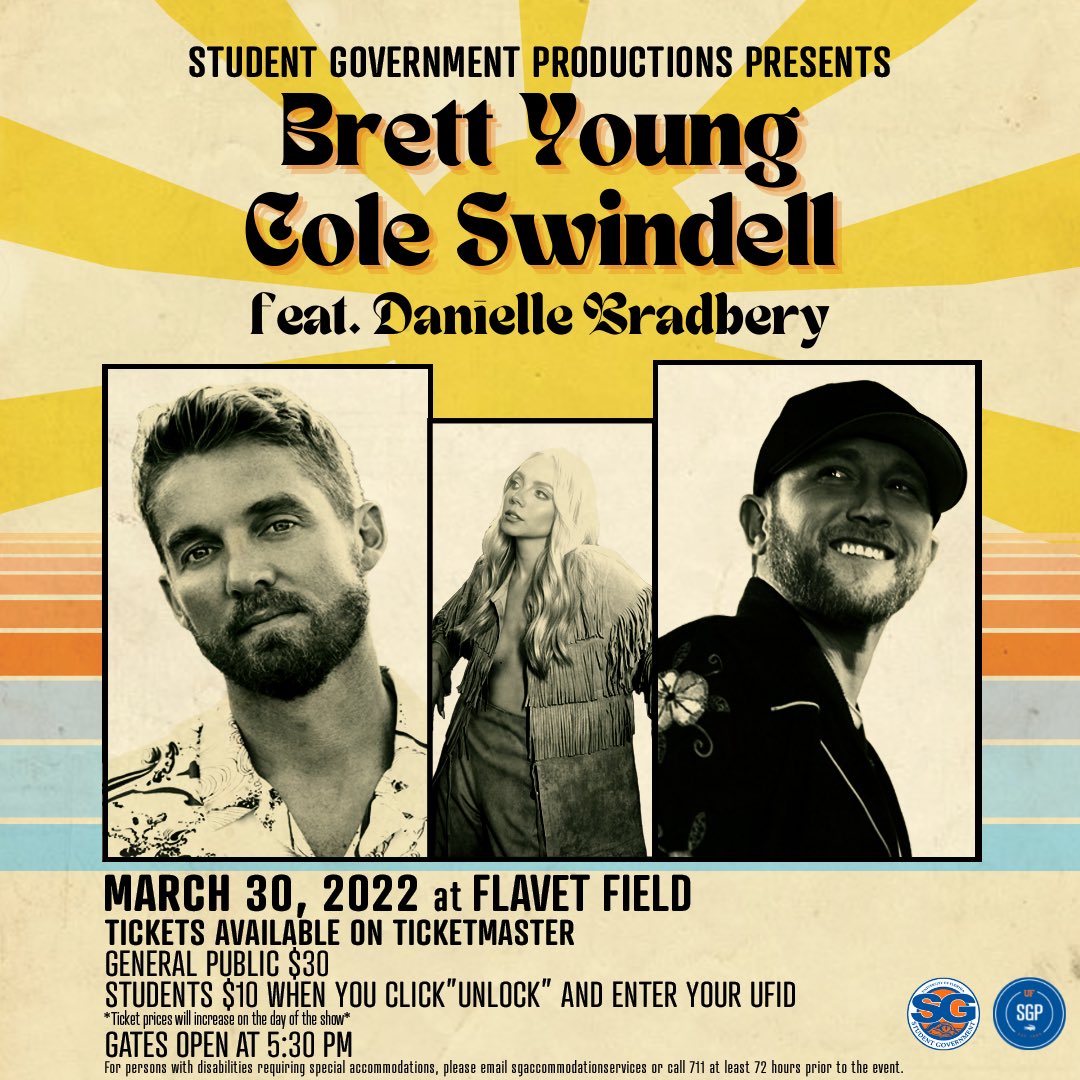 UFSGP's tweet image. SGP PRESENTS Brett Young &amp;amp; Cole Swindell featuring Danielle Bradbery for our summer kickoff concert at Flavet Field! Tickets will be available to the general public, TOMORROW (March 15th @ 12pm) for $30 on Ticketmaster.com