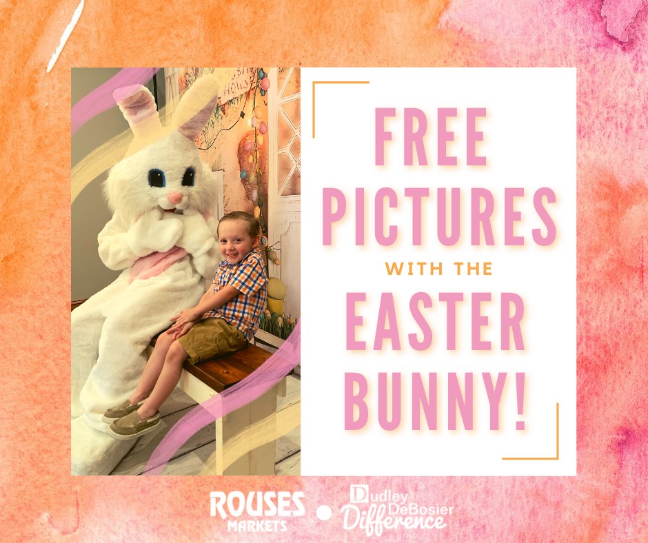 We’re so EGG-cited to partner with @RousesMarkets this year for FREE pictures with the Easter Bunny!🐇🐰🥚 . Want to meet our good friend Cottontail? Visit DudleyDeBosier.com/Easter to choose your location and sign up for email/text reminders! 💗