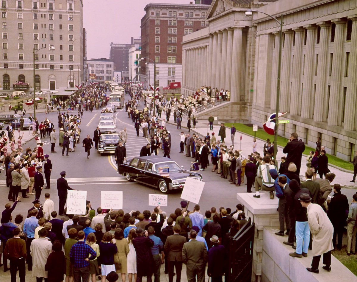BeschlossDC's tweet photo. Riding in JFK’s rebuilt Dallas car, picketed by anti-Vietnam War demonstrators, LBJ in Nashville to observe Andrew Jackson’s two-hundredth birthday, tomorrow 1967:          #Empson https://t.co/T9wBOGWuUX