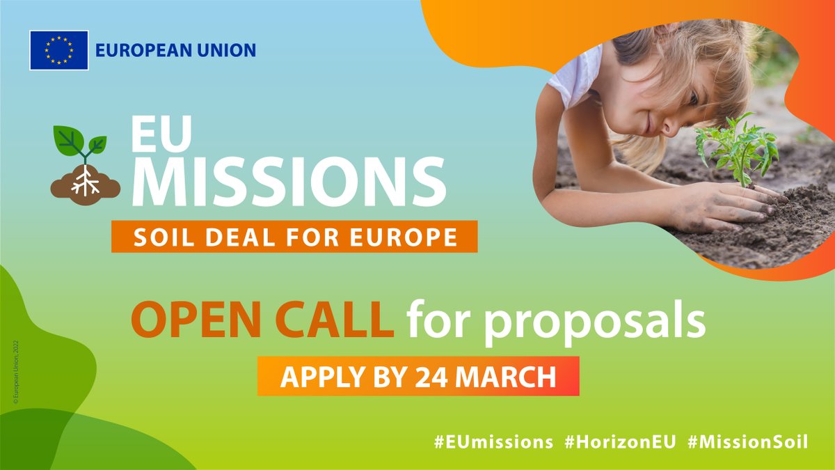 📍#HorizonEU is looking for #EUfunded projects to protect and restore #soils in Europe & beyond #CleanSoilEU

🌱#MissionSoil Call:

6⃣2⃣ million EUR
8⃣ topics 
2️⃣4️⃣ March deadline for applications

2⃣ weeks left to apply 👉europa.eu/!37rduT 

#EUMissions #EUFarm2Fork