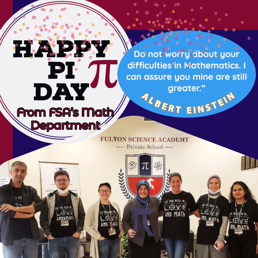FSAPrivate's tweet photo. Don’t talk to us about Pi, we’ll go on forever! Happy #PiDay from our mighty math department! All we need is love and math! #fultonscienceacademy #piday #ilovemath #mustangmathletes #ICARE #strongertogether https://t.co/98aGvOJfv4