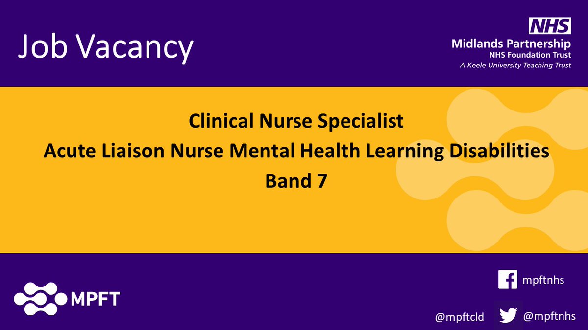mpftcld's tweet photo. Job Vacancy
Fantastic opportunity to become a Clinical Nurse Specialist.
Exciting opportunity for a current Nurse with an interest and expertise in working with people who have a Learning Disability and significant mental health needs.
https://t.co/oC1yewl032
#mpftcld #mpftnhs https://t.co/ek3MHDa62X