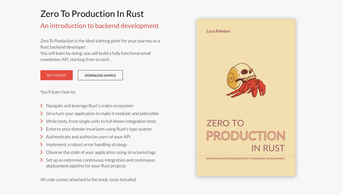 Screenshot of https://zero2prod.com, the landing page for Zero To Production In Rust