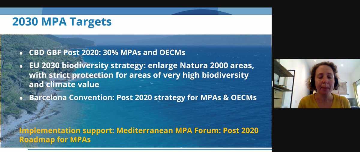 🗣️ Marie Romani, from @NetworksMpa is highlighting the important role of MPAs and connectivity with @MPAengage have in the fight against #climatechange. Both projects have common objectives: to get resilient MPAs all over the #Mediterranean. #2030GreenerMed @UfMSecretariat