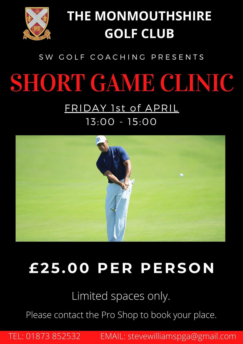 MonmouthPro's tweet photo. Need to sharpen up your short game this year❓

Join us for our short game clinic @MonmouthshireGC❗️

☕️ Tea/Coffee &amp; Biscuits on arrival
🏌🏻‍♂️ 2 hours of tuition from our PGA Professional
🎯 Covering chipping, pitching &amp; bunker play
💥 Set up, technique and shot selection https://t.co/WWMcvIblop