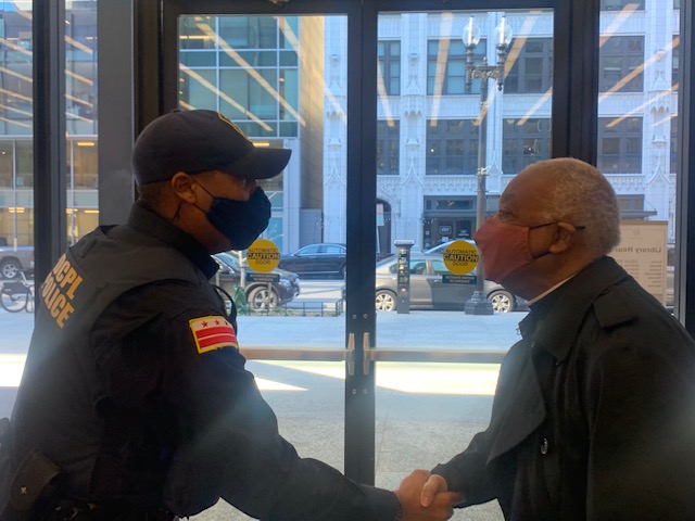dcpl's tweet photo. Today @WashArchbishop stopped by the MLK Library to view a new exhibition by IVC #InvisibleWords. The exhibition is "an exercise in empathy," featuring a curated collection of signs created by people experiencing homelessness worldwide. Learn more at https://t.co/15WNy5FUL9. https://t.co/E6UEHpSLwq