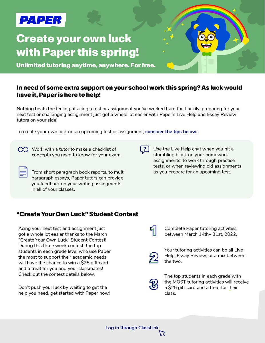 monroviaschools's tweet photo. Acing your next test just got easier thanks to Paperβs 'Create Your Own Luck' contest! π #PaperPrep
Starting today (3/14) and running all month long, students in each grade level who use Paper the most will win a lucky prize pack! For details, visit:
https://t.co/OE4mNFpGbA https://t.co/9dRUpdQmpT