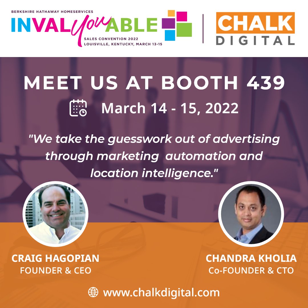 We are at BHHS #invalyouable Sales Convention 2022.
Meet our executive at Booth 439.
.
.
.
#berkshirehathawayhomeservices #chalkdigital #bhhs
