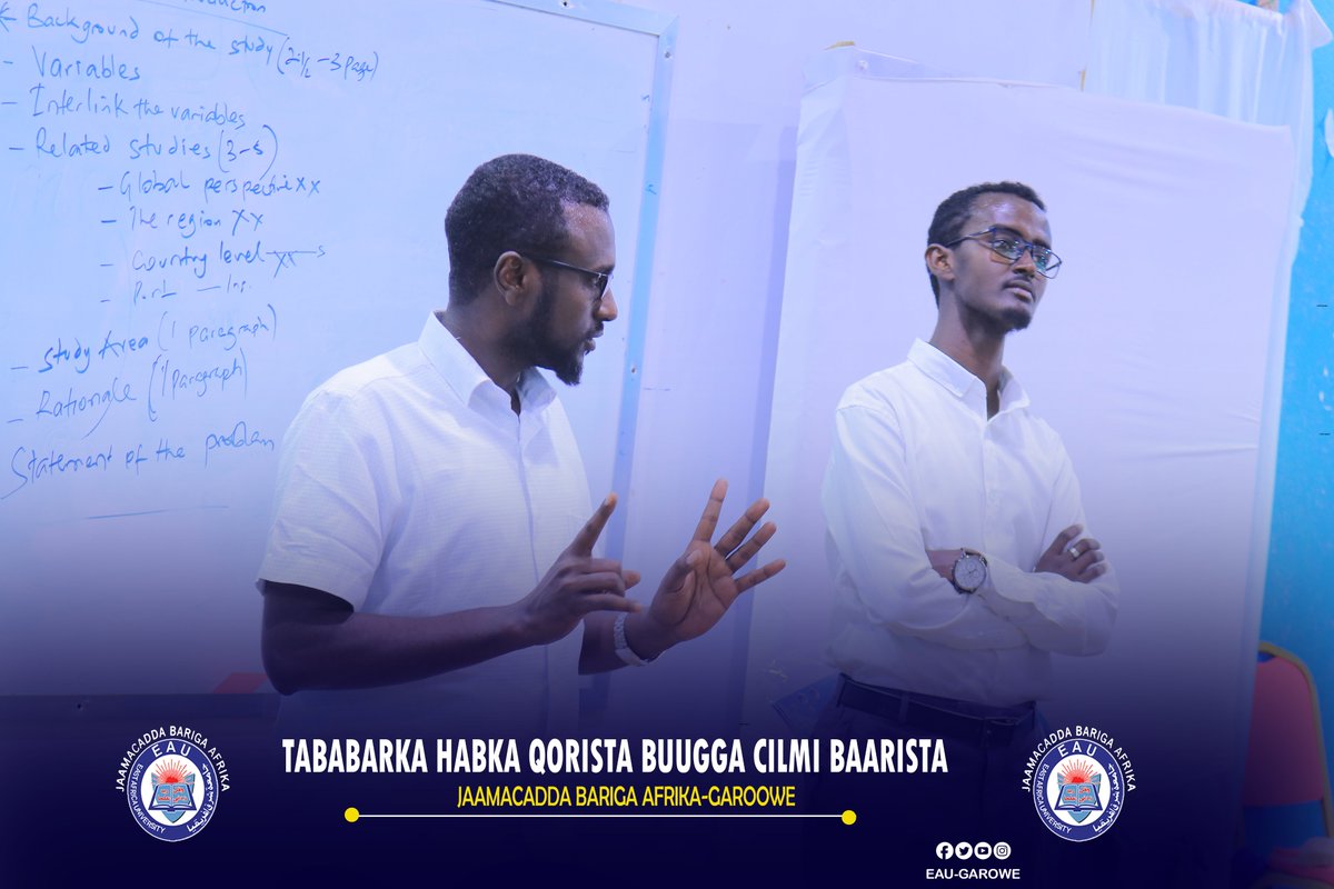 eaugrw's tweet photo. Waxaa maanta oo isniin ahayd soo gaba gaboobay tababar  ku saabsanaa habka qorista buugga cilmibaarista ardayga (thesis book ),tababarka waxaa soo xiray Guddoomiye ku xigeenka Jaamacadda @Bindiiriye1  isaga oo ardayda siiyey dardaaran iyo in ay ka dhabeeyaan yoolkooda waxbarasho. https://t.co/zmkD2lQUIX